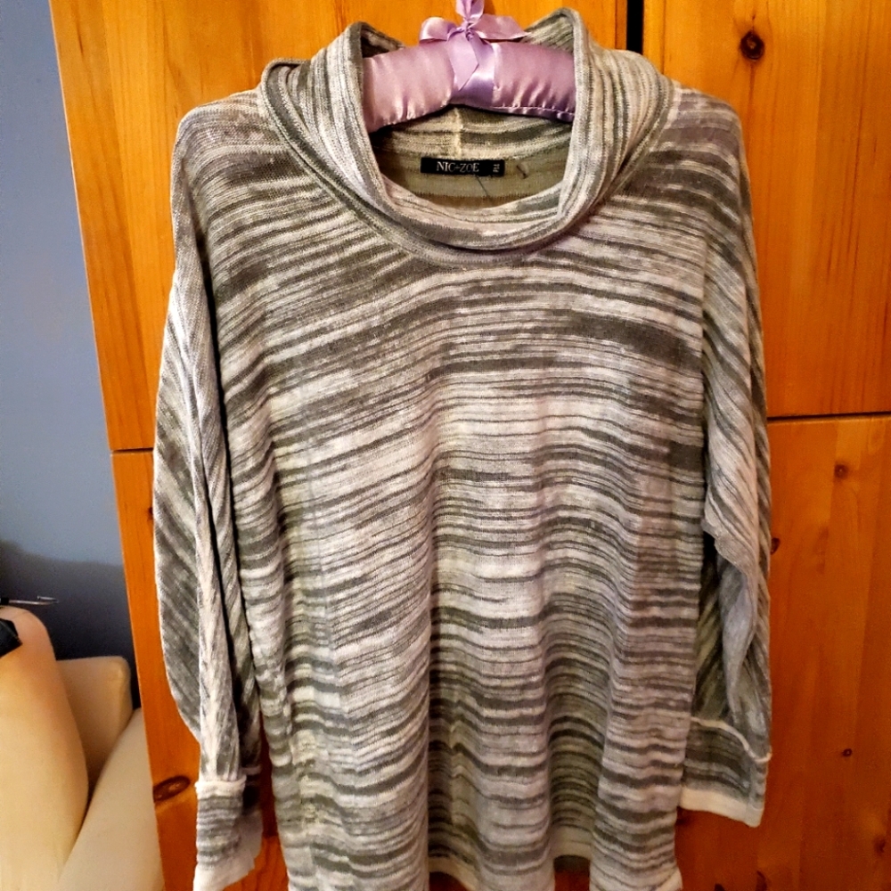 Nic & Zoe Women's Grey & White Striped Linen Blend Cowl Neck Sweater MP
